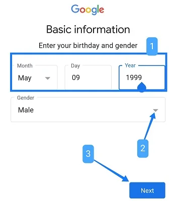 select your birthday and gender